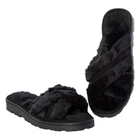 ladies white & brown cross-strap faux fur slippers