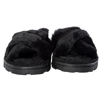 ladies white & brown cross-strap faux fur slippers