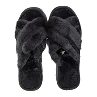 ladies white & brown cross-strap faux fur slippers