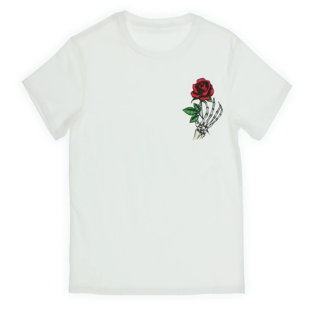 skeleton hand with rose graphic tee