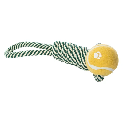 braided rope & tennis ball dog tug toy 18in x 3in