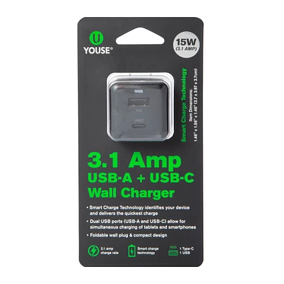 USB & USB-C dual wall charger 3.1 amp