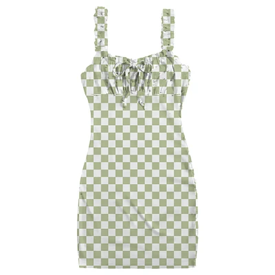 retro green checker ruched bust bodycon dress