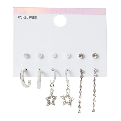faux rhinestone stud, hoop & dangle earrings 6-pair