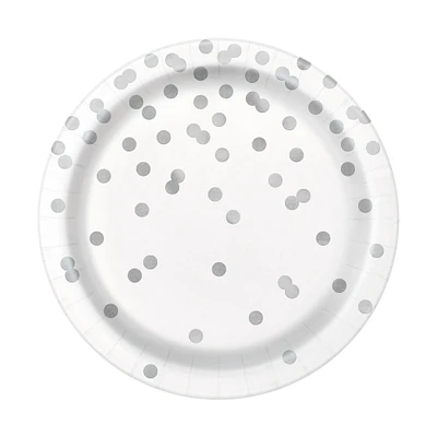 9in silver dot paper dinner plates 8-count