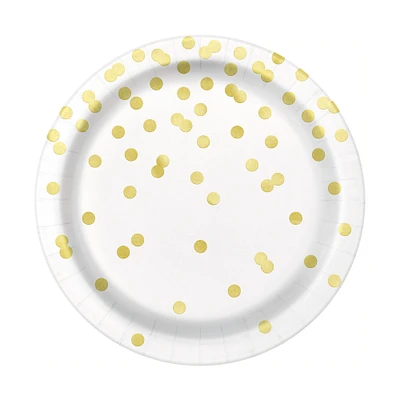 9in gold dot paper dinner plates 8-count