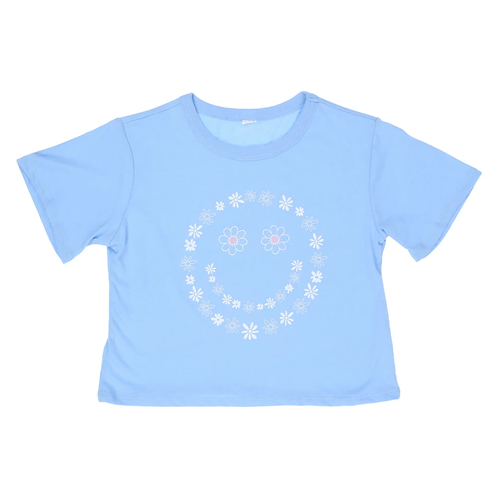 juniors cropped floral happy graphic tee