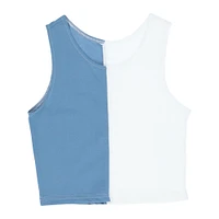 juniors blue & white split tank top
