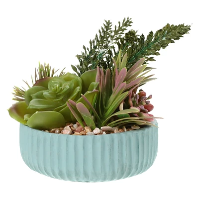 faux succulent arrangement cement pot