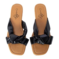 ladies black bow slip on sandals