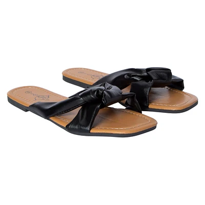 ladies black bow slip on sandals