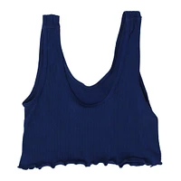 blue ribbed lettuce hem cropped tank top