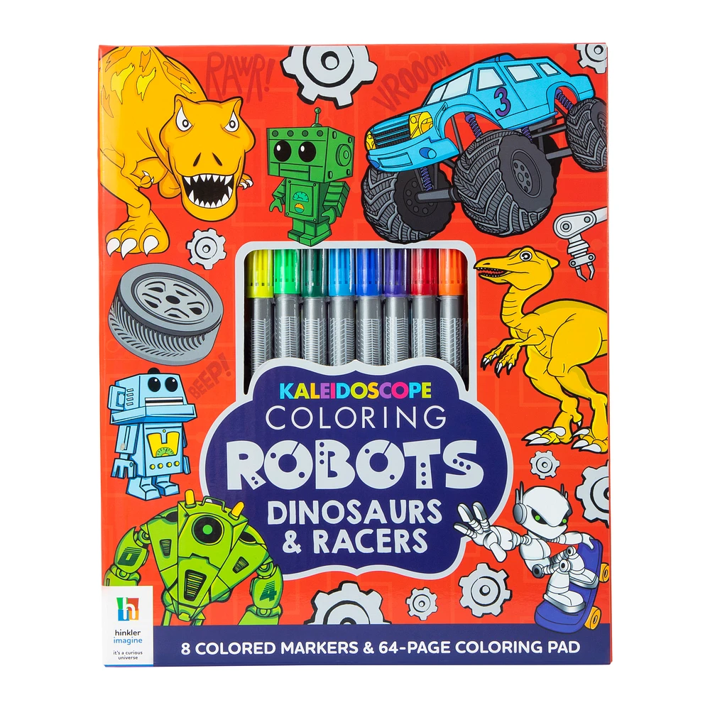 kaleidoscope coloring book - robots, dinosaurs, racers