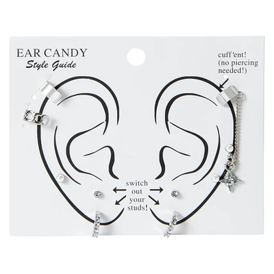 silver ear cuff earrings & studs set 9-count