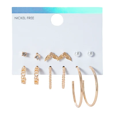 gold stud & hoop earrings 6-count