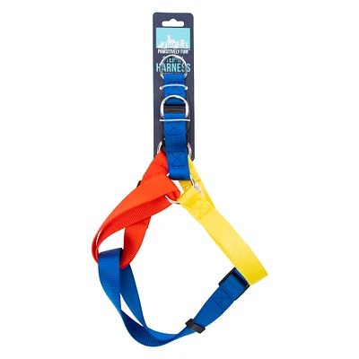 blue, red & yellow step-in pet harness