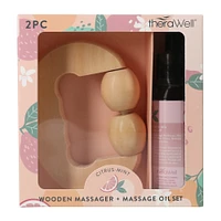 therawell® wooden massager & massage oil set 2-piece