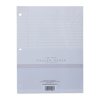 wide ruled filler paper with 3-hole punch, 125 sheets