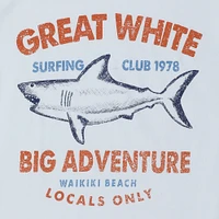 'great white shark surfing club' graphic tee