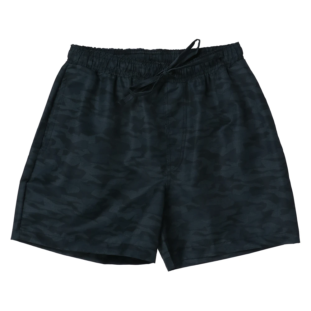 young mens black camo nylon shorts