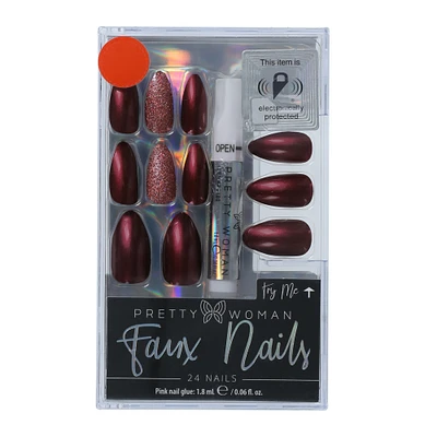 burgundy & glitter faux nails 24-piece set w/ glue