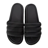 ladies black ribbed slide sandals