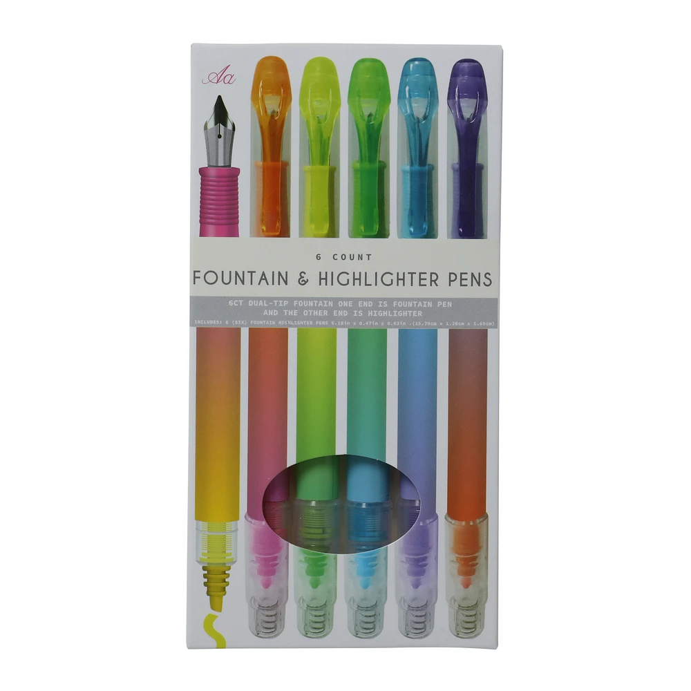 colorful fountain & highlighter pens 6-count