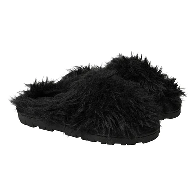 ladies black faux fur fuzzy slippers