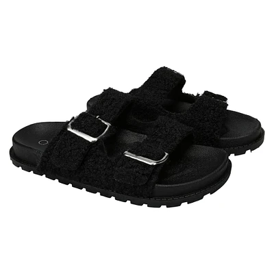 ladies black sherpa double buckle sandals