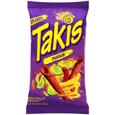 Takis fuego rolled tortilla chips, hot chili pepper and lime artificially flavored, 9.9oz bag