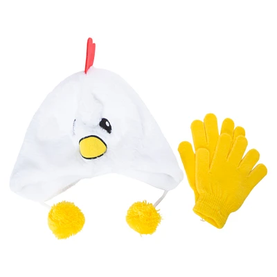 kid's beanie hat with ear flaps & matching gloves set