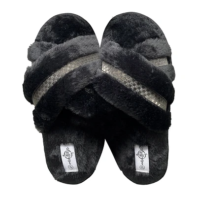 Ladies Cross-Strap Faux Fur Slippers