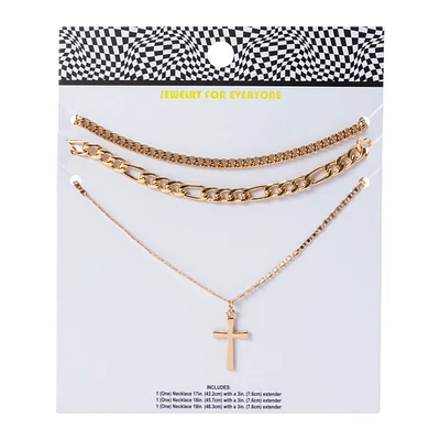 Gold Chain Cross Layered Necklaces 3-Count