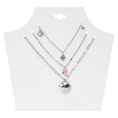 Silver Heart Layered Necklaces 3-Count