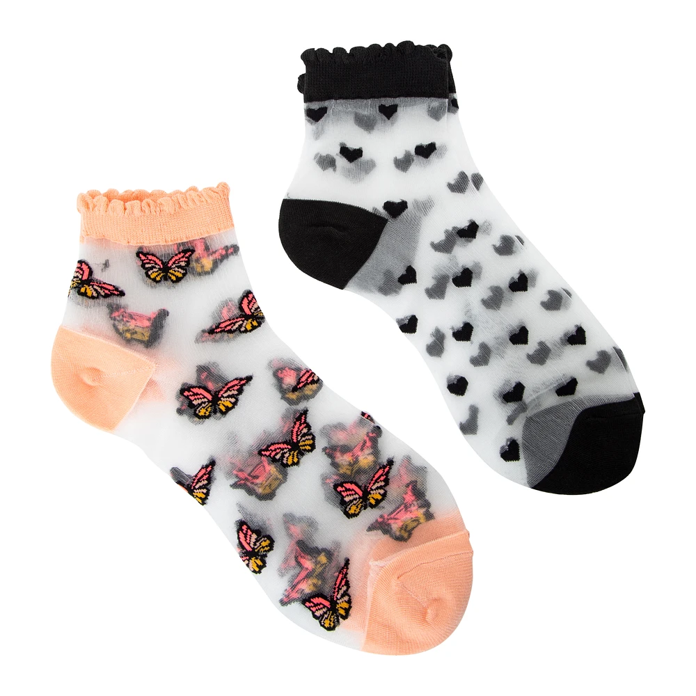 Ladies Sheer Butterfly Quarter Crew Socks 2-Pack