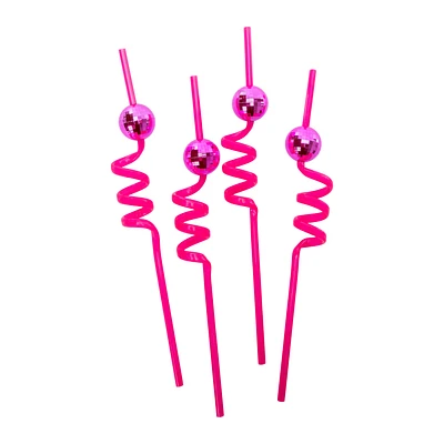 Pink Disco Plastic Straws 4-Count