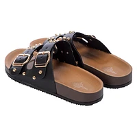 Ladies Studded Double-Buckle Slide Sandals