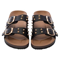 Ladies Studded Double-Buckle Slide Sandals