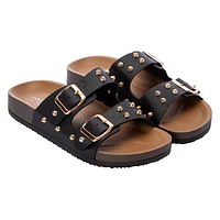 Ladies Studded Double-Buckle Slide Sandals