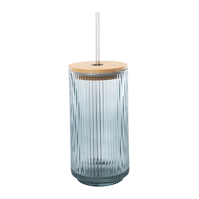 Ribbed Glass Tumbler With Bamboo Lid 20oz