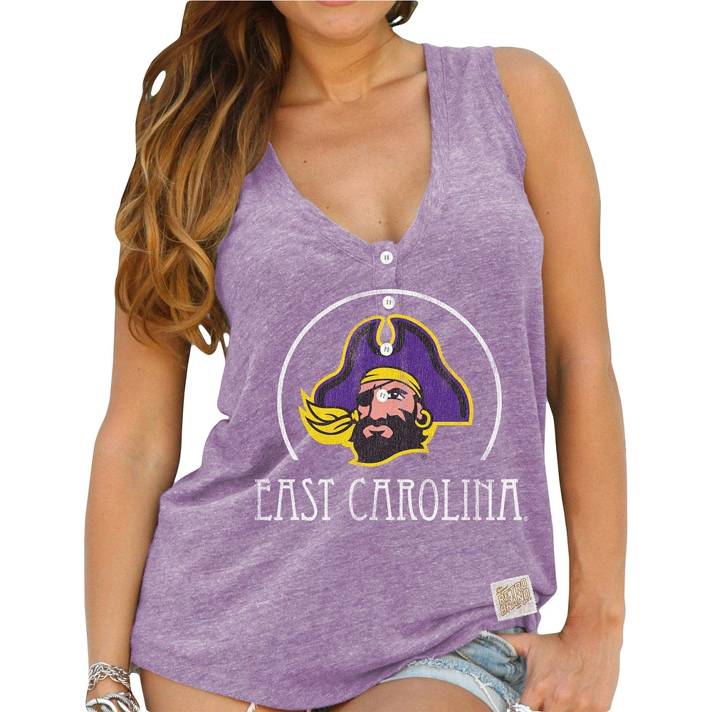 Women's Original Retro Brand Purple East Carolina Pirates Relaxed Henley V-Neck Tri-Blend Tank Top