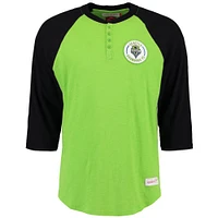 Men's Mitchell & Ness Rave Green/Black Seattle Sounders FC Unbeaten Henley Three-Quarter Sleeve T-Shirt