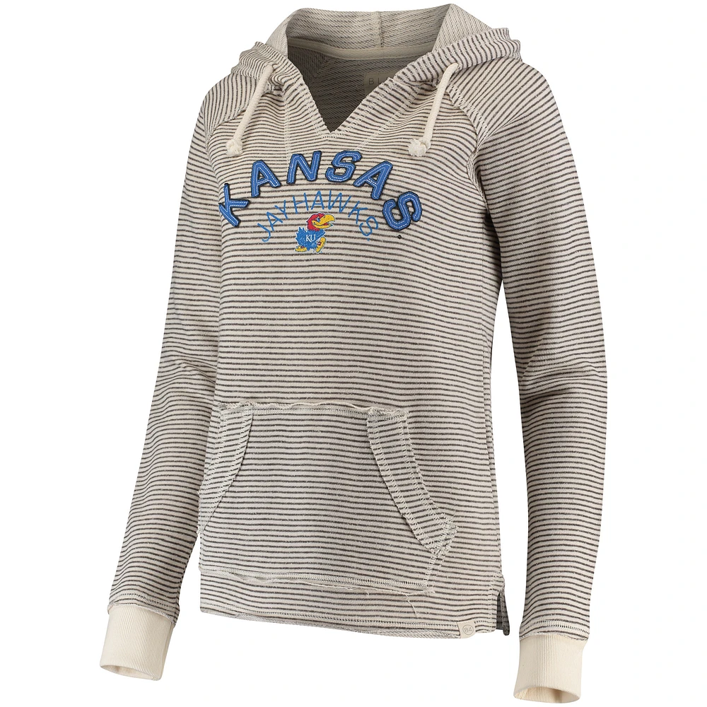 Women's Blue 84 Cream Kansas Jayhawks Striped French Terry V-Neck Pullover Hoodie