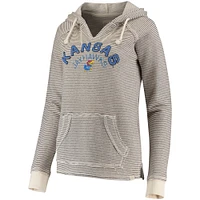 Women's Blue 84 Cream Kansas Jayhawks Striped French Terry V-Neck Pullover Hoodie