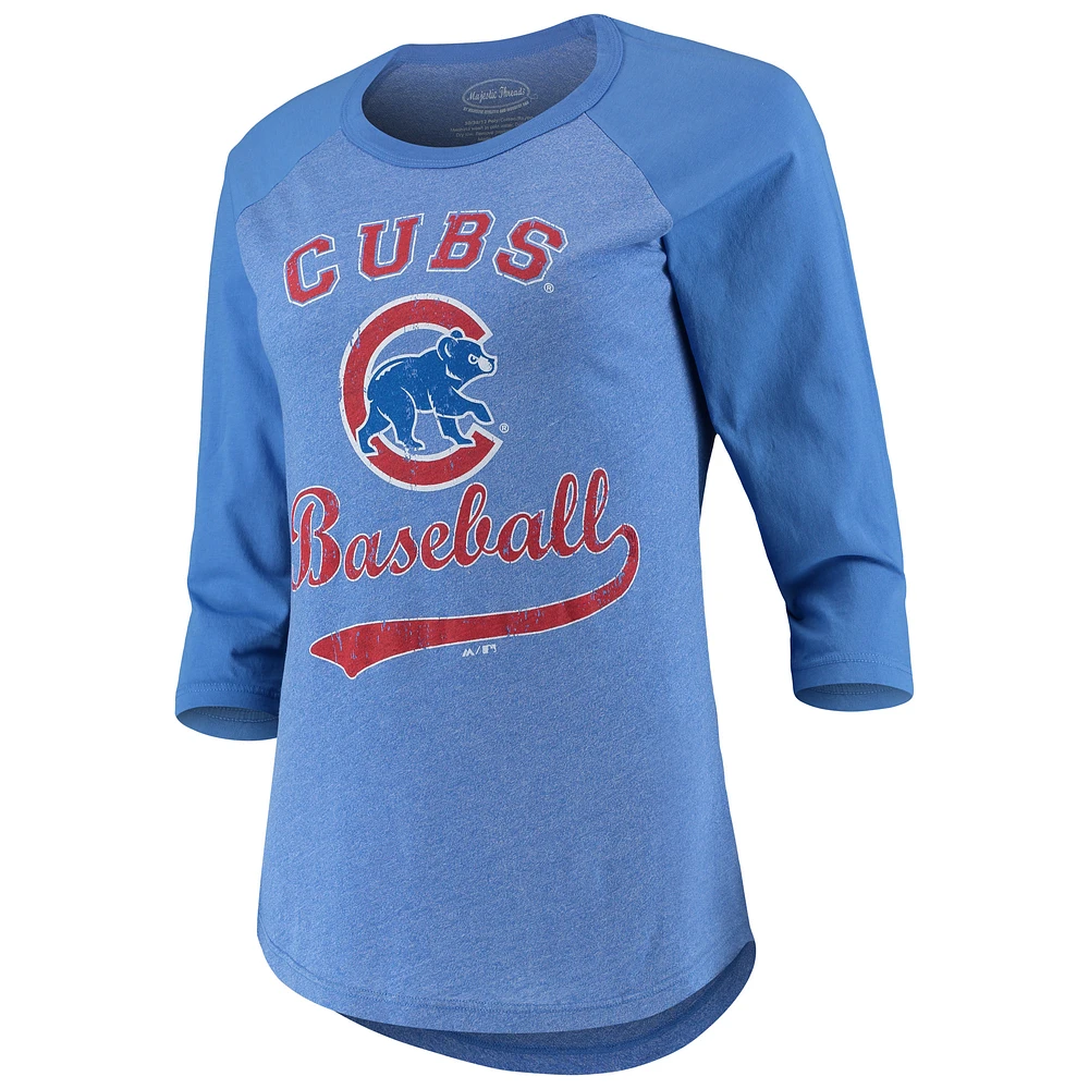 Women's Majestic Threads Royal Chicago Cubs Team Baseball Three-Quarter Raglan Sleeve Tri-Blend T-Shirt