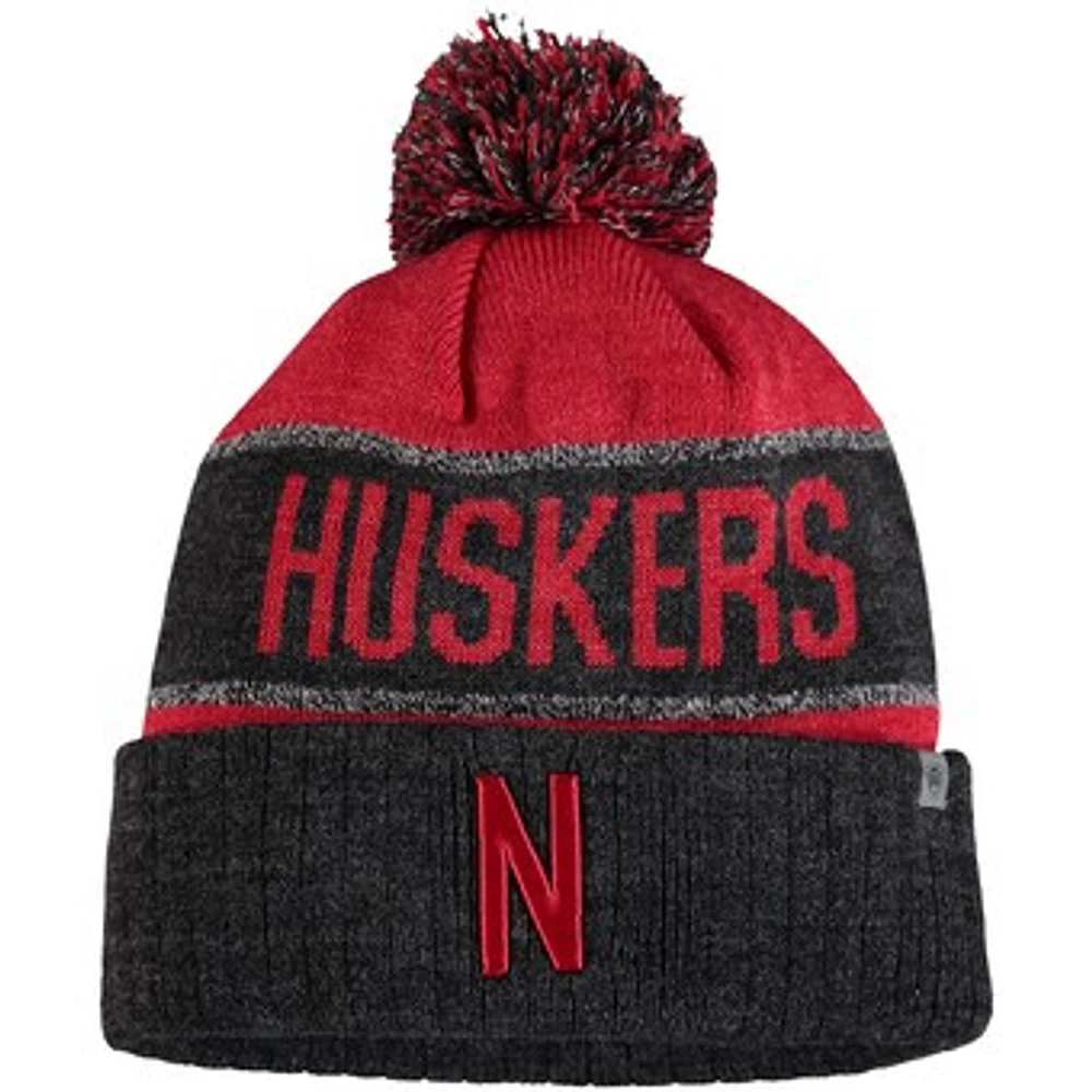 Men's Top of the World Scarlet/Heathered Black Nebraska Huskers Below Zero Cuffed Pom Knit Hat