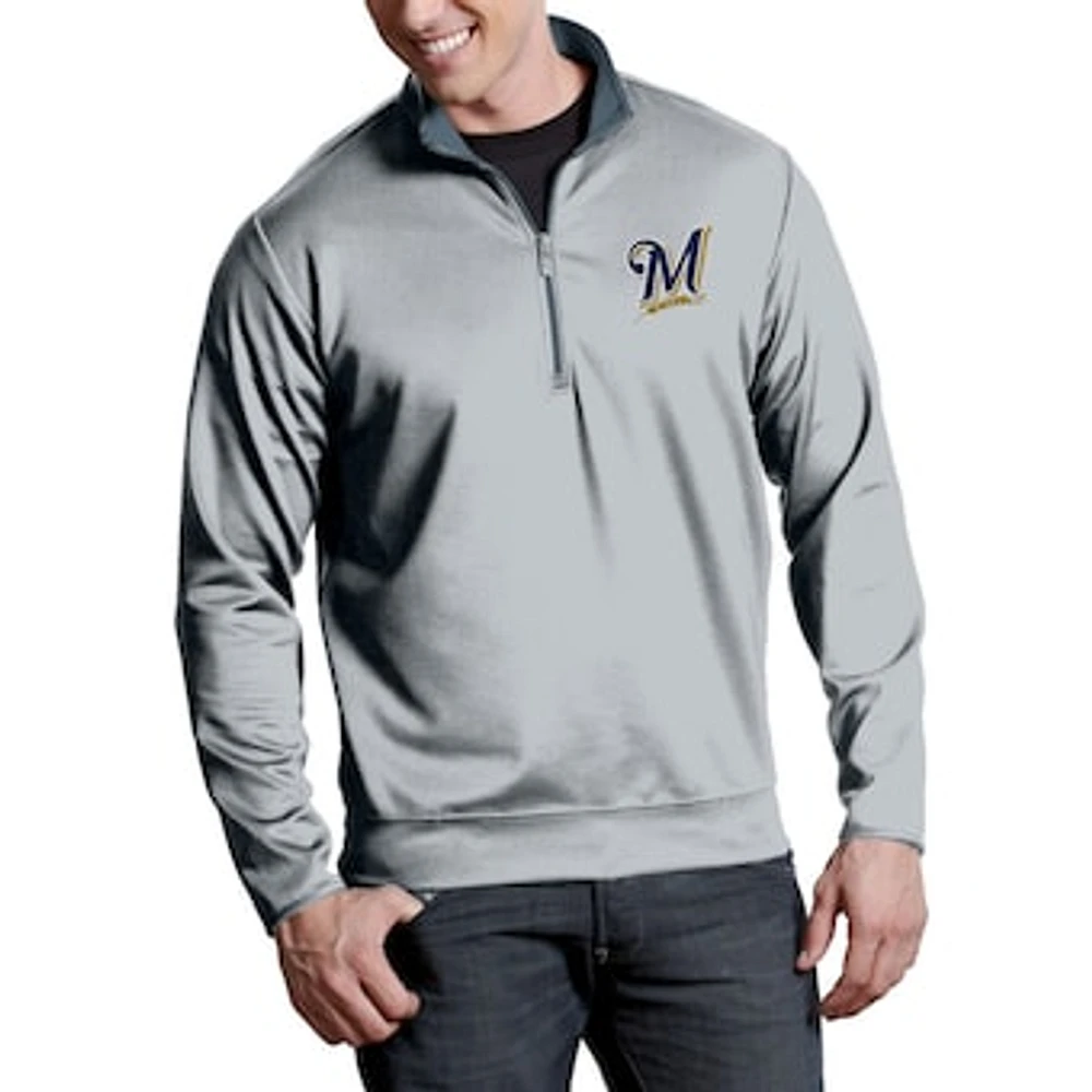 Men's Antigua Silver Milwaukee Brewers Leader Quarter-Zip Pullover Jacket