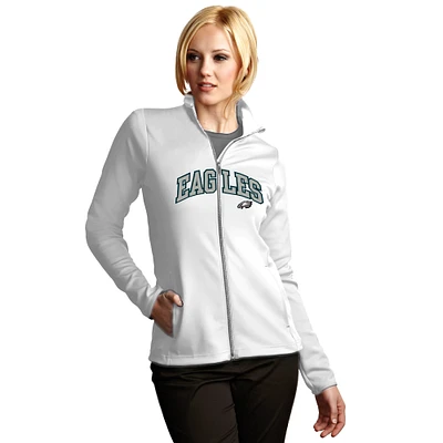 Women's Antigua White Philadelphia Eagles Leader Full Chest Graphic Desert Dry Full-Zip Jacket