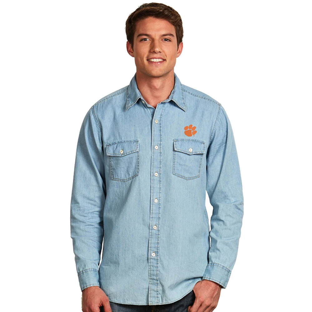 Men's Antigua Light Blue Clemson Tigers Chambray Long Sleeve Button-Up Shirt