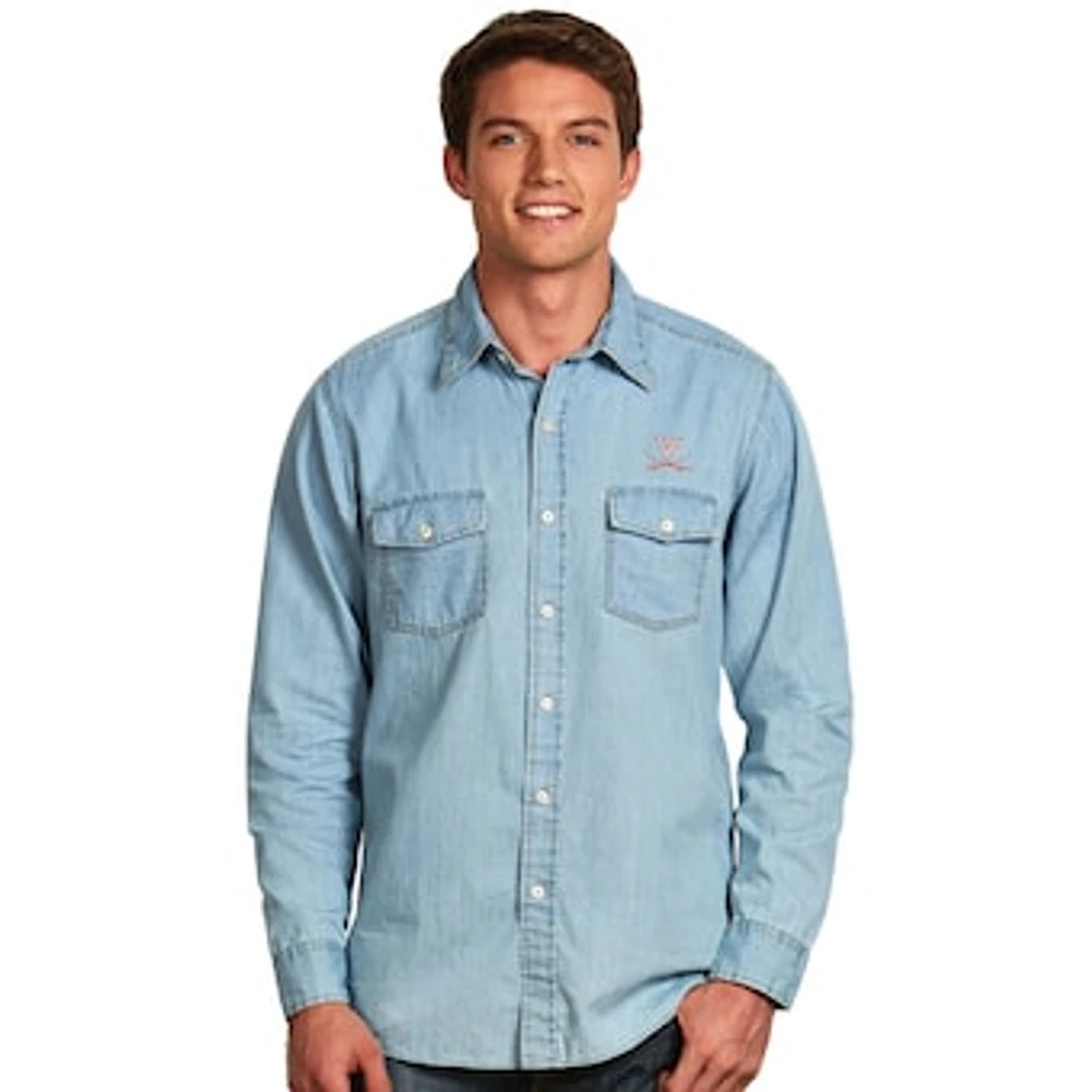 Men's Antigua Light Blue Virginia Cavaliers Chambray Long Sleeve Button-Up Shirt